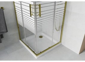 Mexen Rio, štvorcový sprchovací kút s posuvnými dverami 80(dvere) x 80(dvere) x 190 cm, 6mm číre sklo s pásikmi, zlatý profil + biela sprchová vanička SLIM, 860-080-080-50-20-4010G