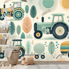 Samolepiaca tapeta detské traktory v pastelových farbách