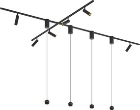Moderný koľajnicový systém čierny so 6 bodovými svetlami a 4 závesnými svietidlami Easylift 1-fázový - Slimline Uzzy Tira