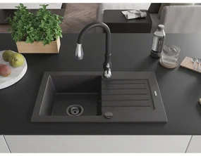 Mexen Pablo, granitový drez 752x436x161 mm, 1-komorový a drezová batéria Savita, čierna škvrnitá, 6510-76-672601-70-B