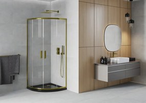 Mexen Rio, štvrťkruhový sprchovací kút s posuvnými dverami 80(dvere) x 80(dvere) x 190 cm, 6mm číre sklo, zlatý profil + čierna sprchová vanička SLIM, 863-080-080-50-00-4170G