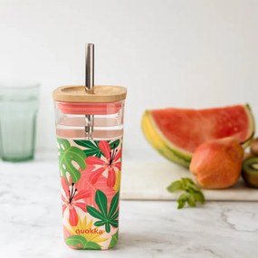 Sklenený cestovný hrnček so slamkou Liquid Cube Pink Jungle Flora 540 ml