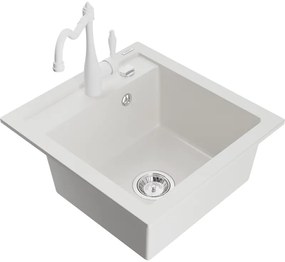 Mexen Vito, granitový drez 490x520x210 mm, 1-komorový a drezová batéria Carla, biela, 6503-20-670700-20