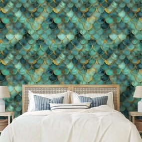 Tapeta zelené morské šupiny so zlatým nádychom