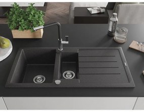 Mexen Andres, 1,5-komorový granitový drez 1000x500x200 mm a drezová batéria Flora, čierna škvrnitá, 6515-76-670401-07