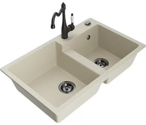Mexen Tomas, granitový drez 800x500x190 mm, 2-komorový a drezová batéria Carla, béžová, 6516-69-670700-70