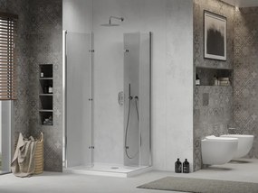 Mexen Lima Duo, sprchový kút so skladacími dverami 80 (dvere) x 70 (dvere) cm, 6mm číre sklo, chrómový profil + slim sprchová vanička biela + chrómový sifón, 856-080-070-01-02-4010
