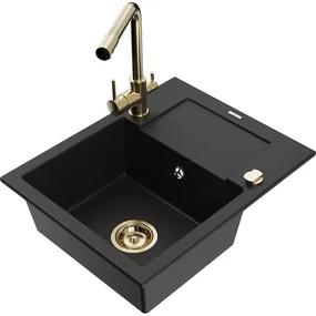 Mexen Enzo, granitový drez 576x465x174 mm, 1-komorový, zlatá lesklá batéria Duero, čierna, 6506-77-671600-50