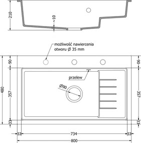 Mexen Omar, 1-komorový granitový drez 800x480x210 mm, čierna-zlatá metalíza, zlatý sifón, 6520801005-75-G