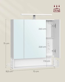 VASAGLE kúpeľňová skrinka s LED osvetlením a zásuvkami, 16,5 × 70 × 75 cm, v oblakovo bielej farbe
