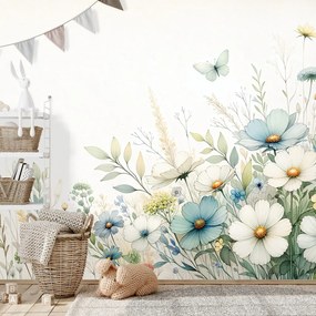 Tapeta pastelové lúčne kvety a lietajúce motýle