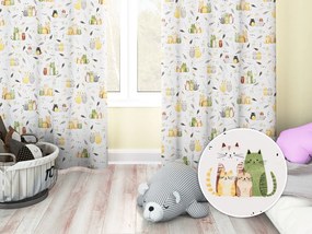Biante Detský bavlnený záves Sandra SA-652 Mačací svet zeleno-žltý na bielom 150x140 cm