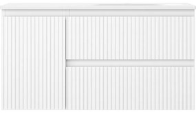 Mexen Rivel, kúpeľňová skrinka 90 cm s pravým umývadlom Vela, 2S, 1D, drážkovaná, biela matná, 91A23-09047-3-BBFFF01-W23P01