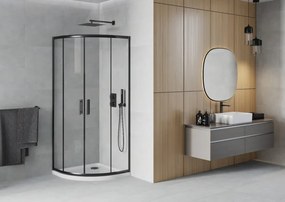 Mexen Rio, štvrťkruhový sprchový kút 80 x 80 cm, 6mm číre sklo, čierny profil + biela sprchová vanička, 863-080-080-70-00-4110B