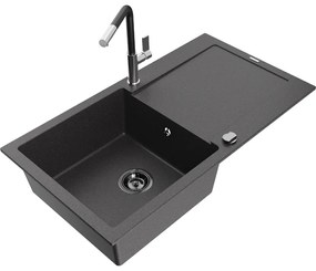 Mexen Leo, 1-komorový granitový drez 900x500x190 mm a drezová batéria Flora, čierna škvrnitá, 6501-76-670401-07-B
