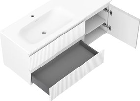 Mexen Rivel, kúpeľňová skrinka 120 cm s ľavým umývadlom Vela, 2S, 1D, drážkovaná, biela matná, 91A23-12047-3-BBFFF01-W23L01