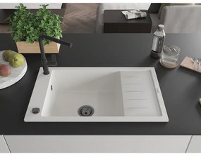 Mexen Elias, 1-komorový granitový drez 795x480x200 mm a drezová batéria Flora, biela, 6511-20-670401-70-B
