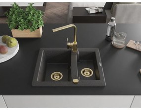 Mexen Carlos, 1,5-komorový granitový drez s odkvapkávačom 582x475x177 mm a zlatá kuchynská batéria Rita, čierna škvrnitá, 6518-76-670300-50