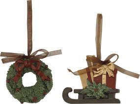 Sada 2ks závesných dekorácií Noël venček a sánky čerešňovej farby – 9*2*8,5 cm