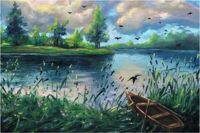 Obraz - Olejomaľba, Letný podvečer pri jazere (90x60 cm)