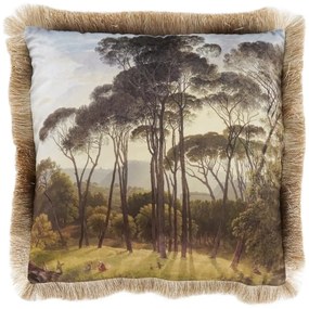 Štvorcový zamatový vankúš s motívom prírody a vysokých borovíc so strapcami - 45 * 45 * 10 cm
