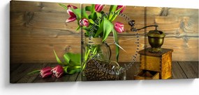 Obraz - tulipány, mlynček a káva (s hodinami) (90x30 cm)