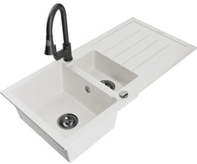 Mexen Andres, 1,5-komorový granitový drez 1000x500x200 mm a drezová batéria Elia, biela, 6515-20-670101-70