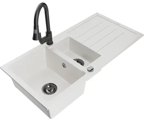 Mexen Andres, 1,5-komorový granitový drez 1000x500x200 mm a drezová batéria Elia, biela, 6515-20-670101-70
