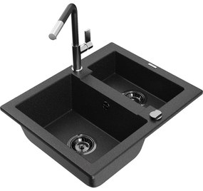 Mexen Carlos, 1,5-komorový granitový drez 582x475x177 mm a drezová batéria Flora, čierna-strieborná metalíza, 6518-73-670401-07-B