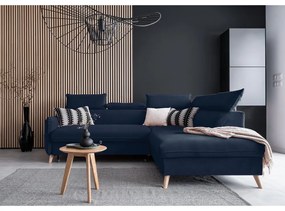 Tmavomodrá zamatová rozkladacia rohová pohovka (pravý roh) Sweet Harmony – Miuform