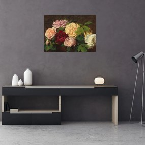 Sklenený obraz - Henri Fantin-Latour, Roses de Nice on a Table, reprodukcia (70x50 cm)