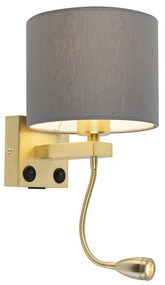 Art Deco nástenná lampa zlatá s USB a sivým tienidlom - Brescia