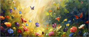 Obraz - Jarná kvetinová lúka, maľba (120x50 cm)