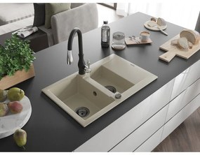Mexen Gaspar, 1,5-komorový granitový drez 737x475x177 mm a drezová batéria Savita, béžová, 6507-69-672601-70