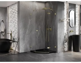 Mexen Lunar, päťuholníkový sprchový kút naklápací vpravo 80 x 80 cm, 8mm číre sklo, zlatý profil, 831-080P-080L-50-00-P