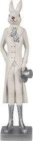 Biela dekorácia králik vo fraku a strieborných topánkach držiaci klobúk - 9*7*34 cm