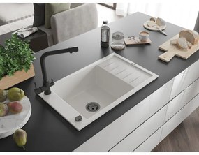 Mexen Elias, 1-komorový granitový drez s odkvapkávačom 795x480x200 mm a čierna batéria Duero, biela, 6511-20-671600-70