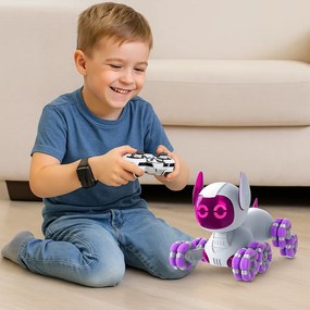 LEAN Toys Robotický pes TOOBY s diaľkovým ovládaním RC, 360°, svetlá, zvuky, bielo-fialový