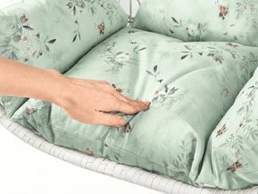 Biele závesné kreslo KOKON so stojanom, svetlozelený vankúš so vzorom