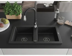 Mexen Mario, 2-komorový granitový drez 820x436x161 mm a drezová batéria Savita, čierna, 6504-77-672601-70-B