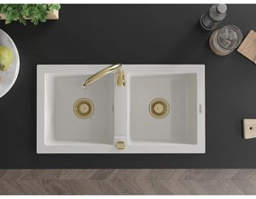 Mexen Mario, granitový drez 820x436x161 mm, 2-komorový, biela so zlatým sifónom, 6504822000-20-G