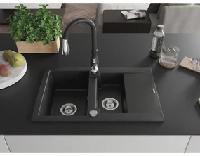 Mexen Gaspar, 1,5-komorový granitový drez 737x475x177 mm a drezová batéria Savita, čierna-strieborná metalíza, 6507-73-672601-70