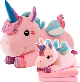 LEAN Toys Plyšový maskot jednorožec s dekou 160 x 110 cm Ružová 55cm
