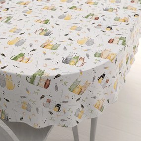 Biante Detský bavlnený oválny obrus Sandra SA-652 Mačací svet zeleno-žltý na bielom 120x200 cm