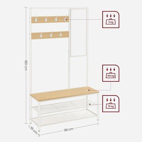 Predsieňová stena so zrkadlom, 7 háčikmi, lavicou na topánky, farba dub a biela