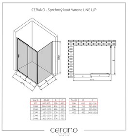 CERANO - Sprchovací kút Varone LINE L/P - čierna matná, transparentné sklo - 90x70 cm - posuvný, CER-CER-DY505B-9091