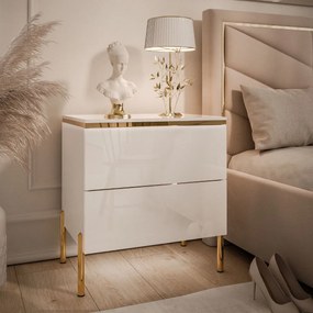 NOČNÝ STOLÍK NESSIE 2 BIELY LESK + ZLATÝ NA NOŽIČKÁCH 14 cm LED