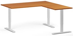 Rohový výškovo nastaviteľný stôl, 160x160 cm, 3 motory, L/P, biela podnož, čerešňa