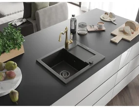 Mexen Enzo, granitový drez 576x465x174 mm, 1-komorový a drezová batéria Carla, čierna-zlatá metalíza, 6506-75-670700-50-B