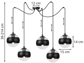 Závesne svietidlo Toledo Spider, 5x čierne/transparentné sklenené tienidlo, B